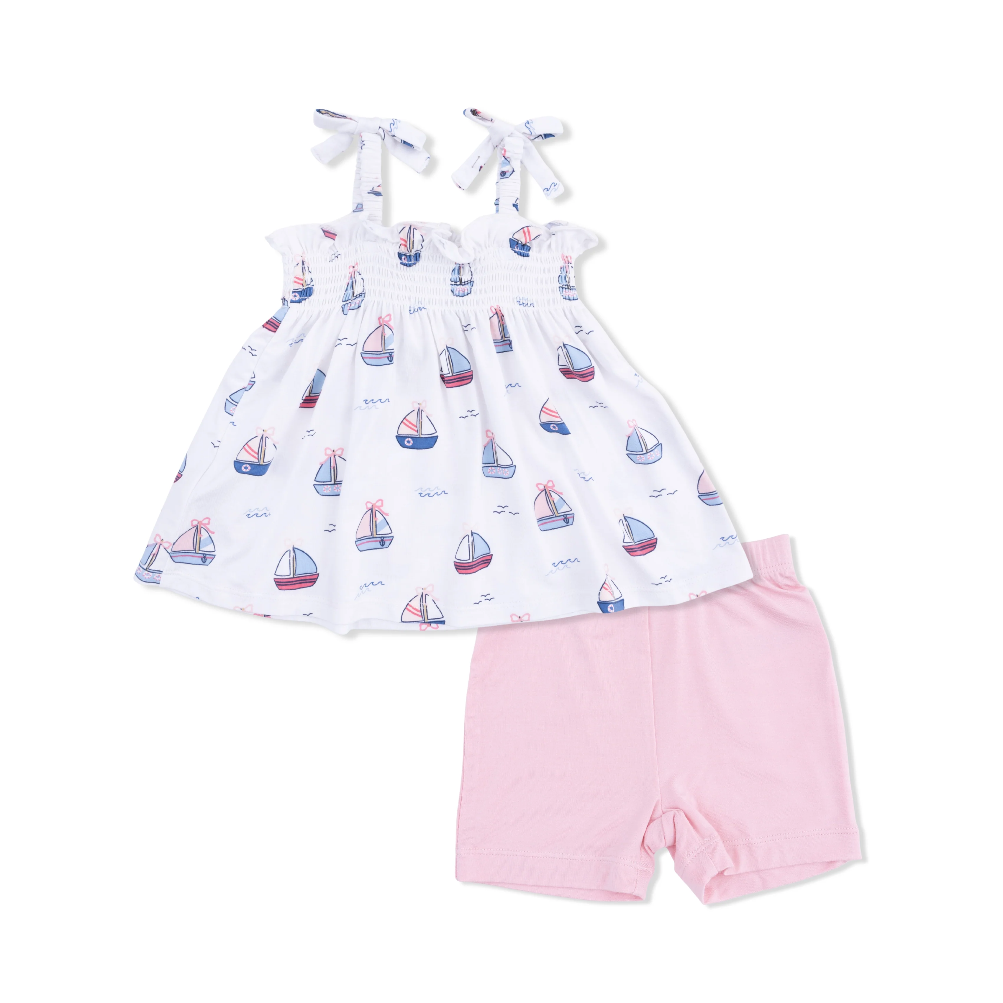 Bubbly Sailboats Pink - Smocked Top & Bike Short - Image 2