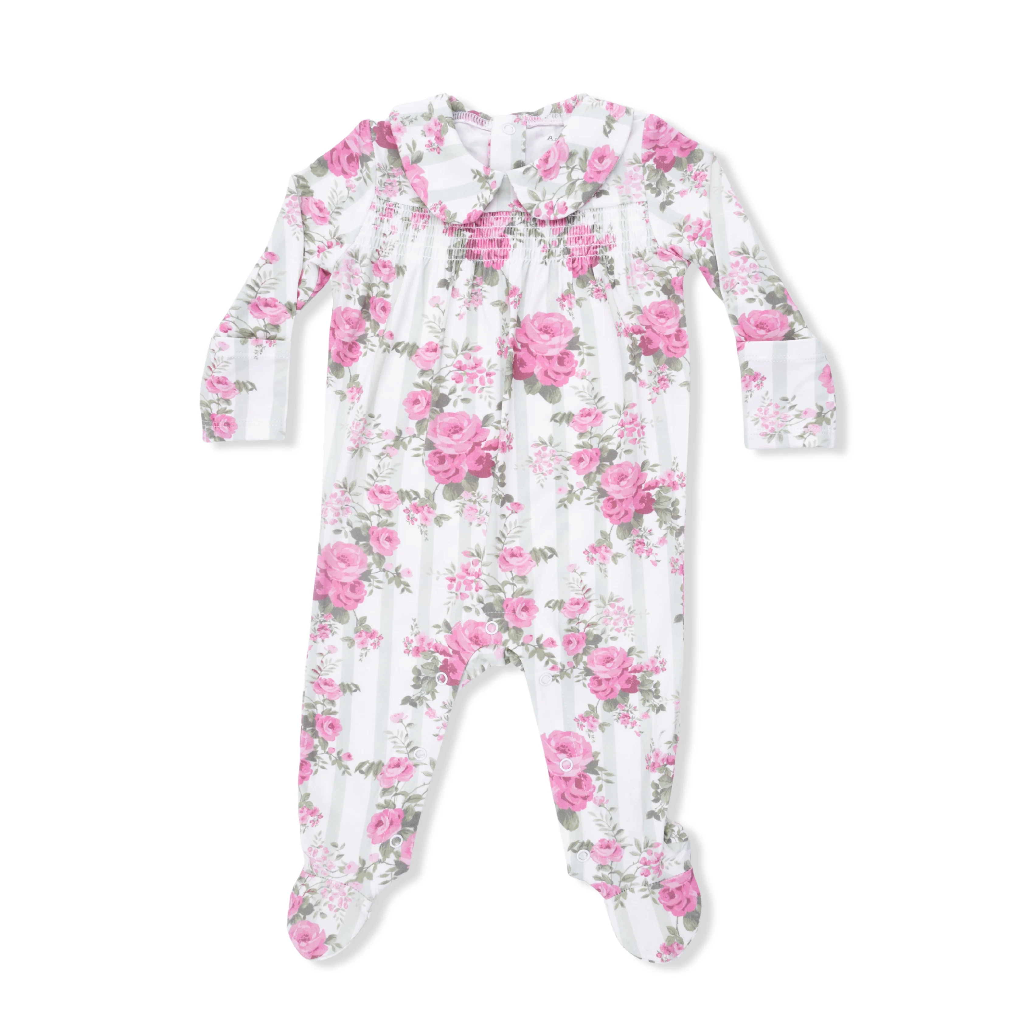 Cabbage Rose Stripe - Smocked Peter Pan Snap Footie - Image 2