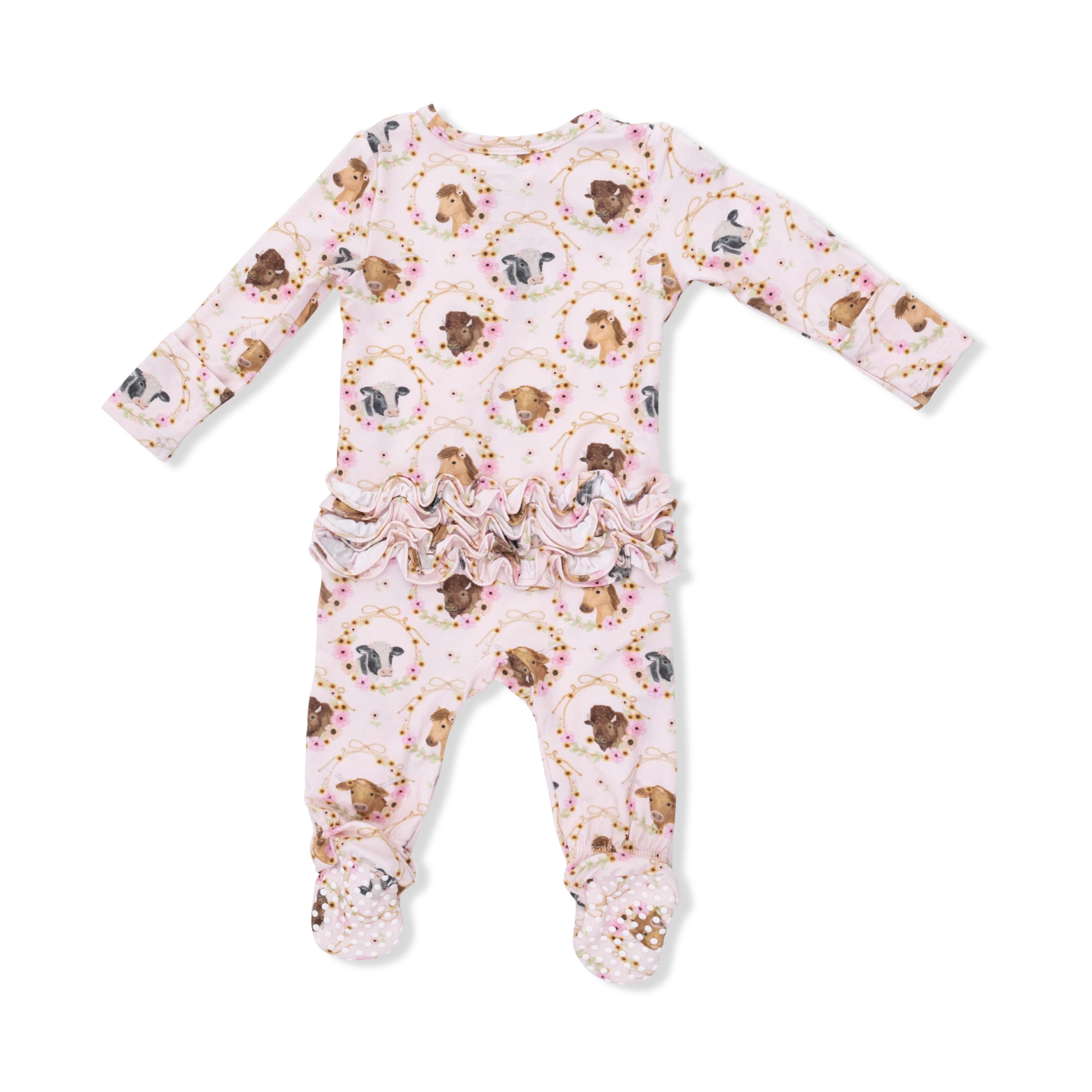 Farm Animals Floral Cameos Pink - 2 Way Ruffle Back Zipper Footie - Image 2
