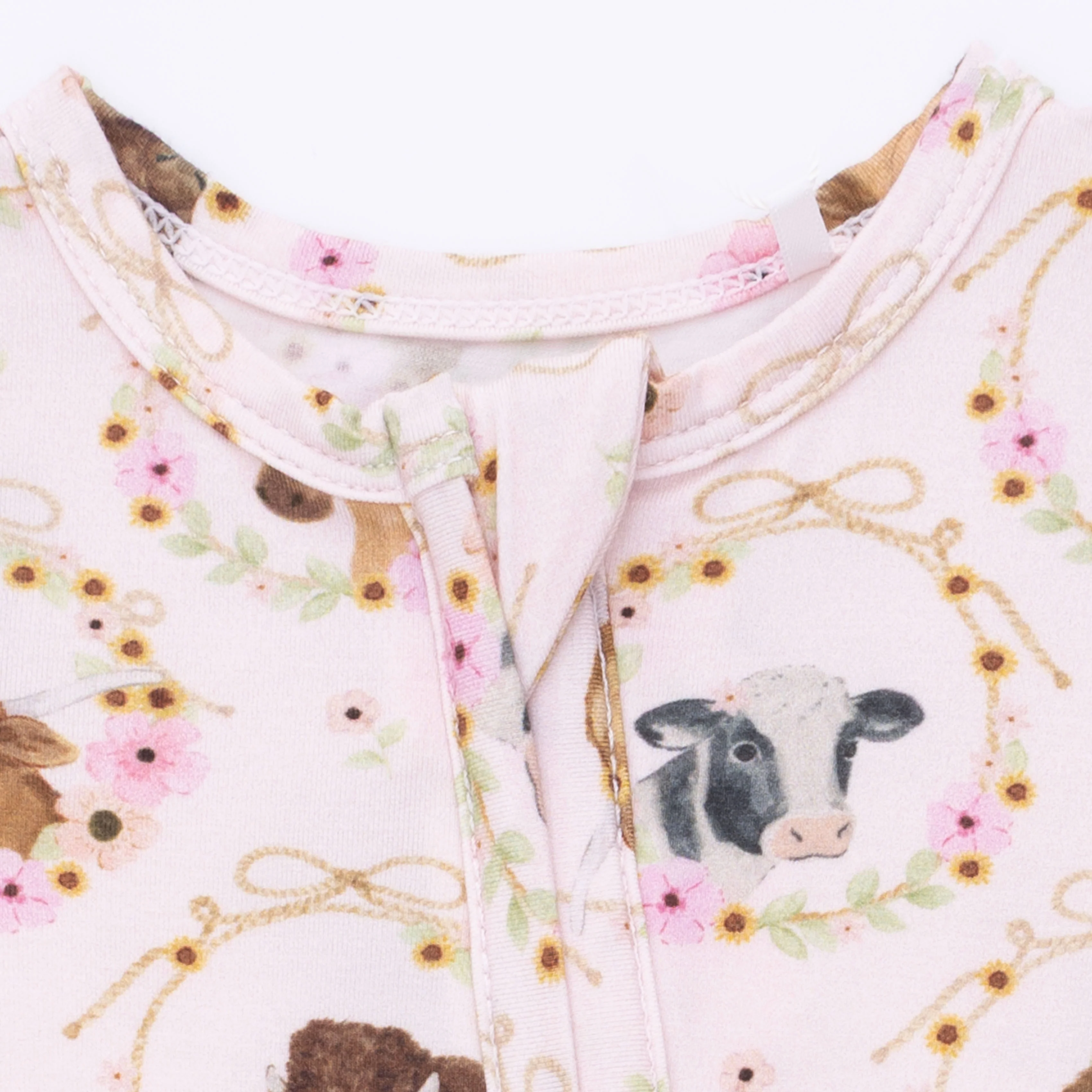 Farm Animals Floral Cameos Pink - 2 Way Ruffle Back Zipper Footie - Image 4