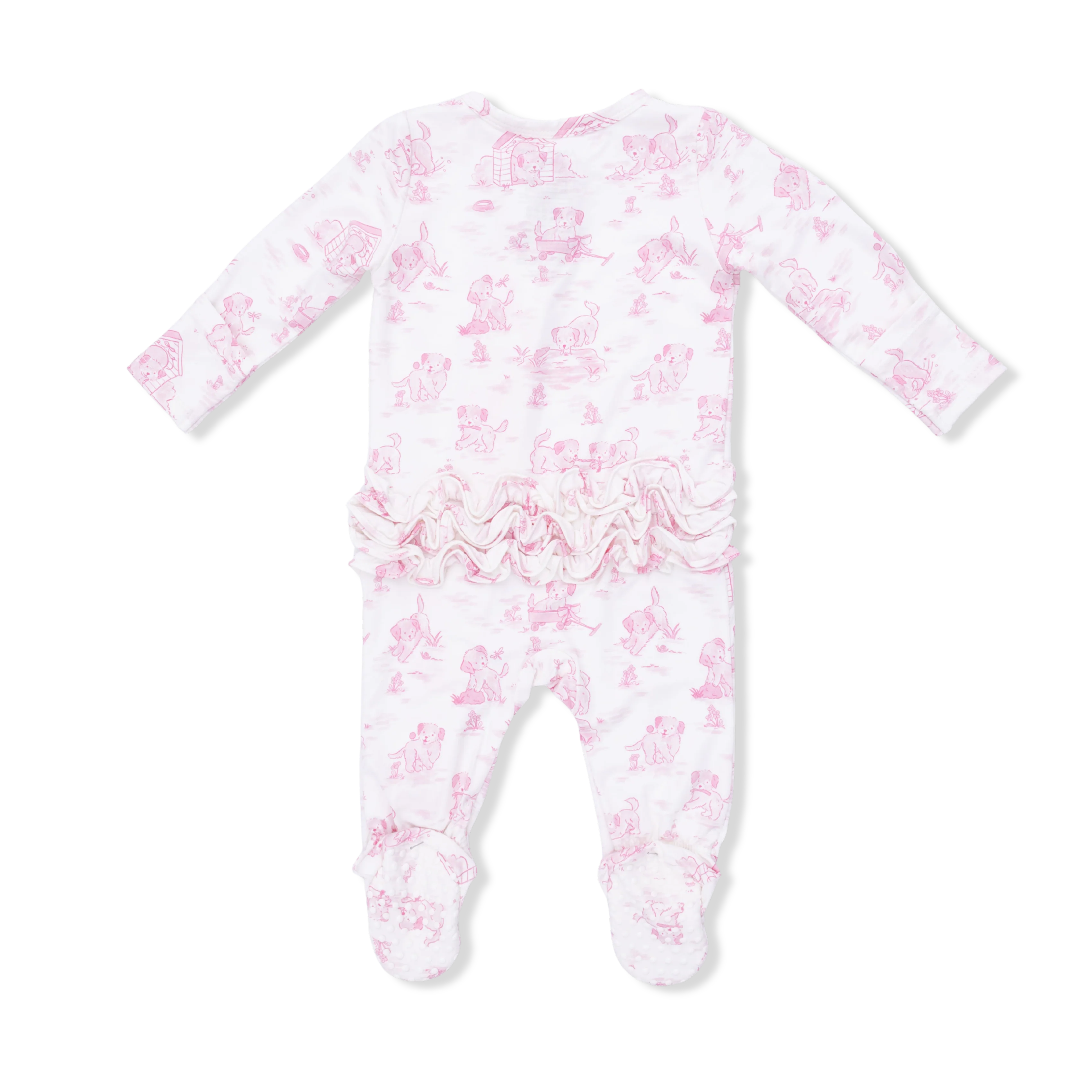 Puppy Toile Pink - 2 Way Ruffle Back Zipper Footie & Swaddle Blanket Set - Image 2