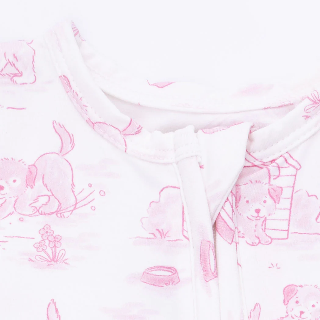 Puppy Toile Pink - 2 Way Ruffle Back Zipper Footie with Bandana Bib, and Swaddle Blanket Set - Image 5
