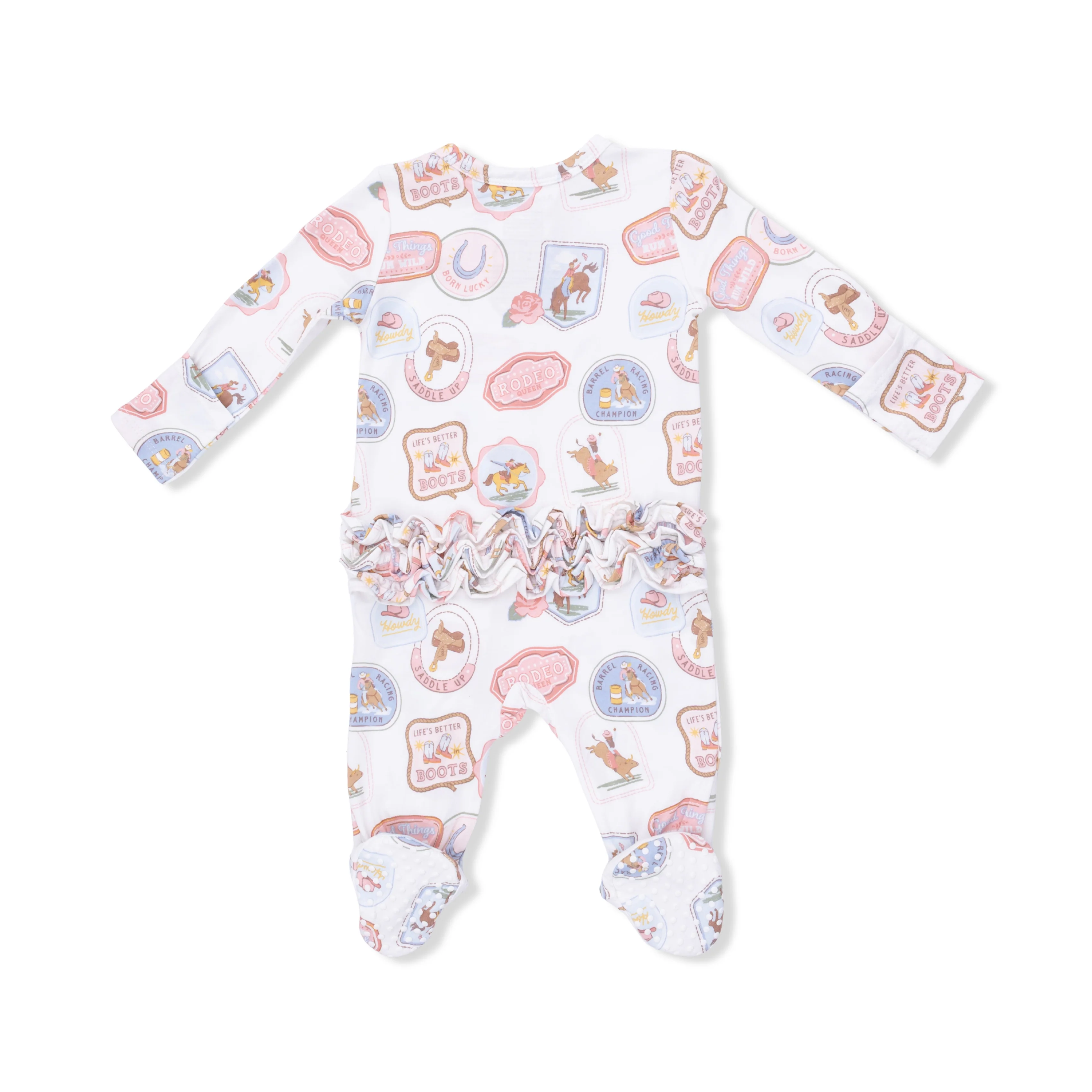 Rodeo Patches Pink - 2 Way Ruffle Back Zipper Footie - Image 3