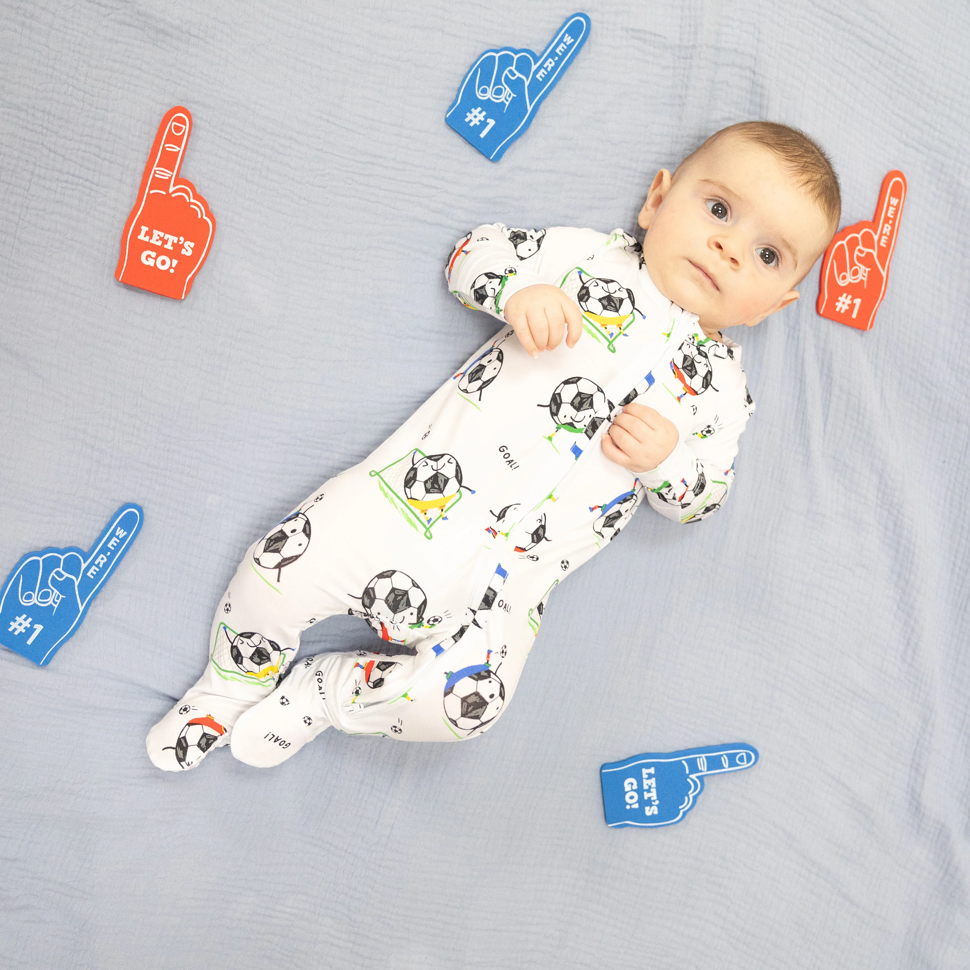 Soccer Balls Playing Soccer Blue - 2 Way Zipper Footie