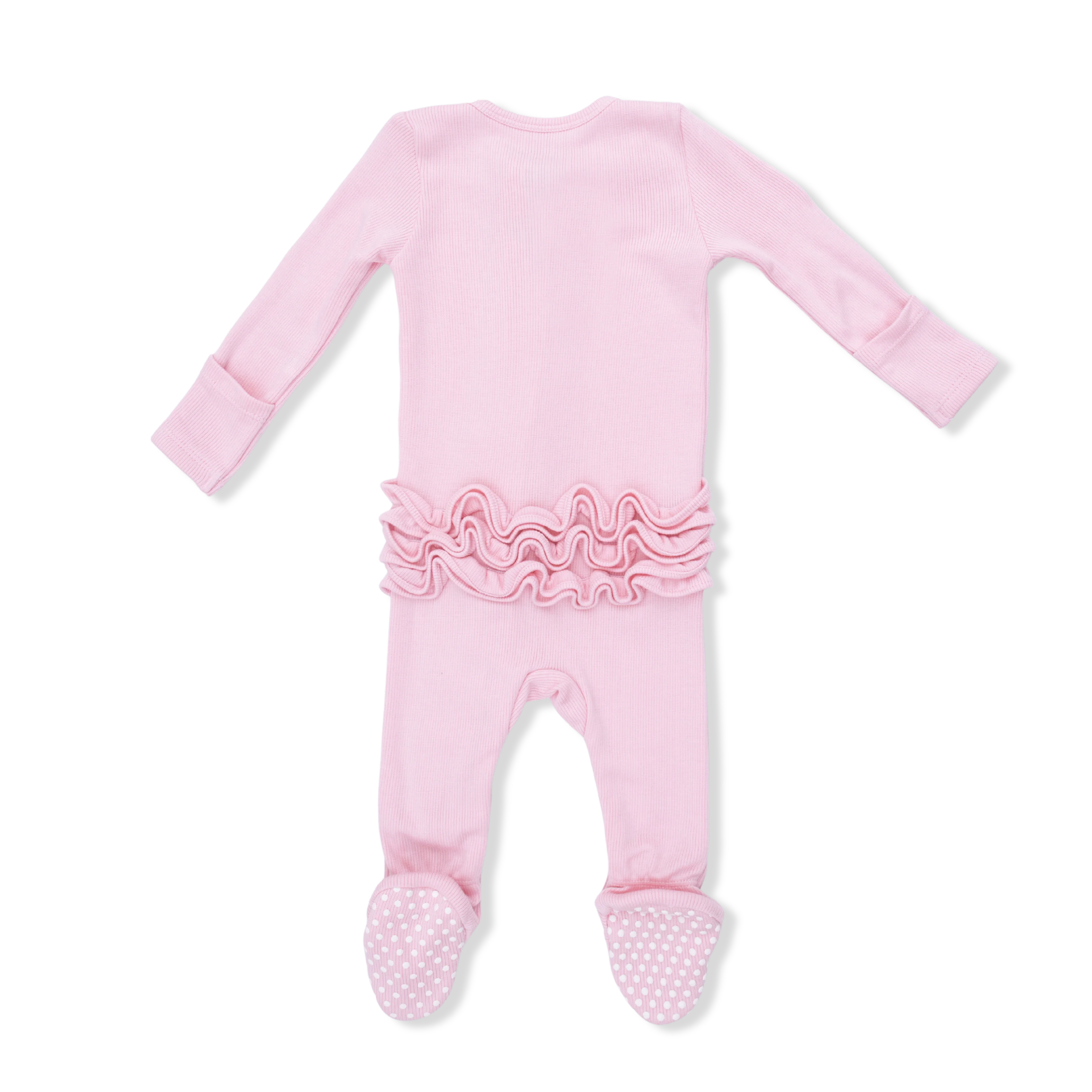 Solid Romance Rose Rib - 2 Way Ruffle Front Zipper Footie - Image 2