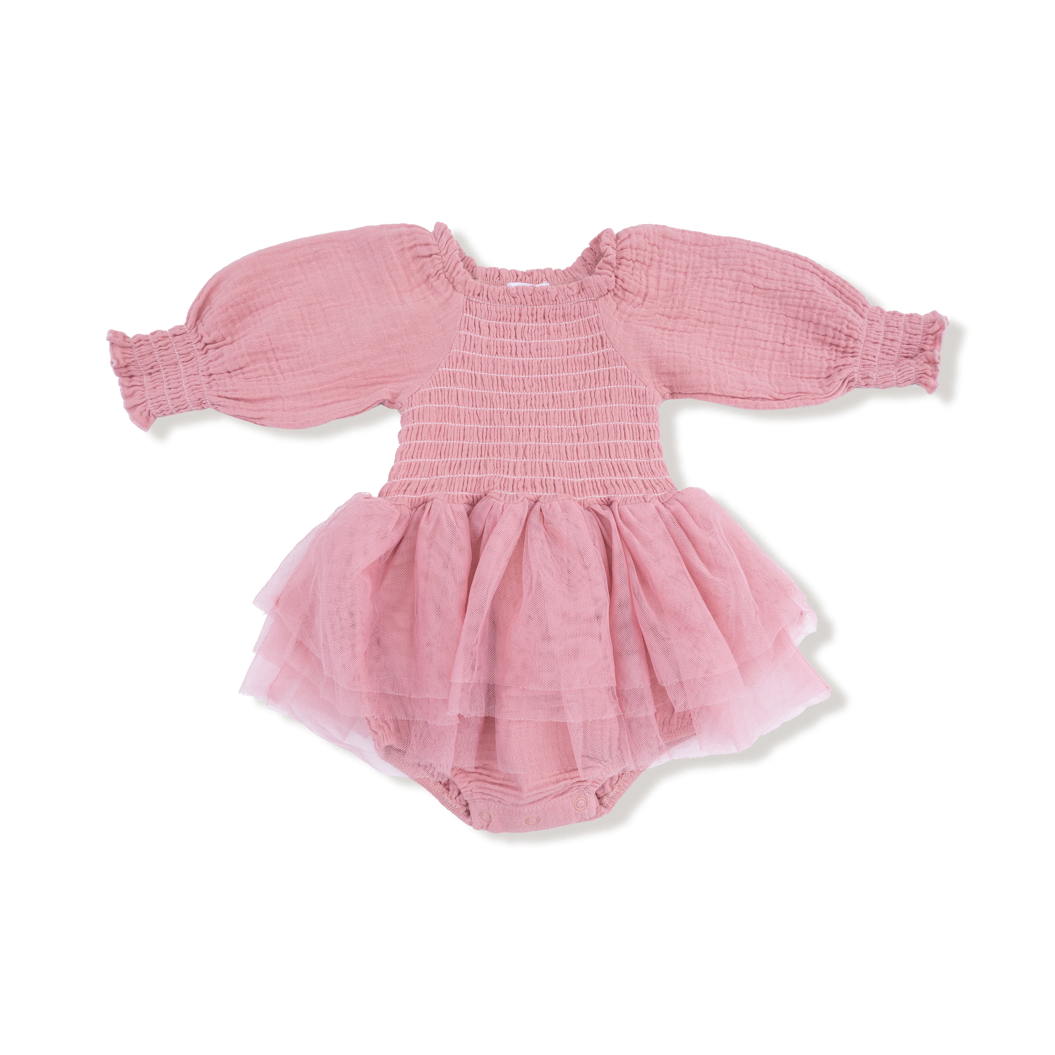 Solid Rose Elegance - Long Sleeve Smocked Bubble with Tutu